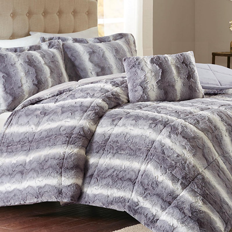 Madison Park Zuri Soft Plush Comforter Set, Faux Fur Animal Stripes Design, Faux Mink On The Reverse, Modern All Season Bedding Set with Matching Sham, King, Grey 4 Piece - Image 1